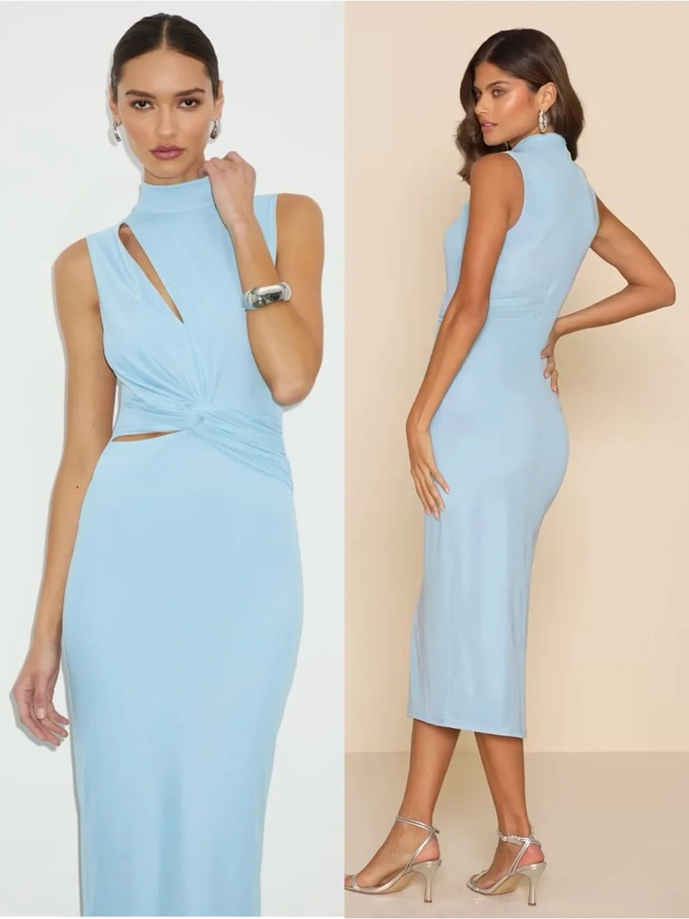 LULUS Powder Blue Mesh Ruched Cutout Mockneck Y2K Scandi Girl Bodycon Dress L - Picture 2 of 8